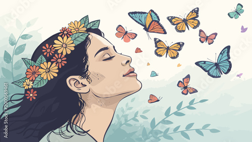 Woman with flowers in hair surrounded by butterflies in a serene nature illustration