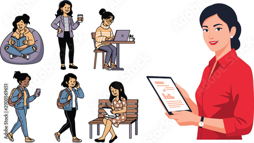 Illustrated people using technology in casual settings