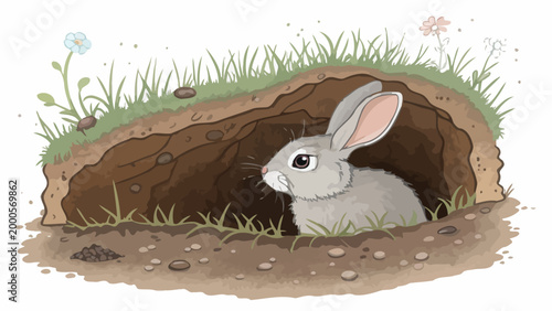 Cute gray rabbit sitting in a burrow in the ground