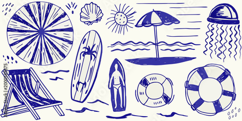 hand drawn beach elements including surfboard umbrella jellyfish and lifeguard ring high quality professional detailed