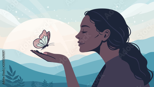 A peaceful woman looking at a butterfly in her hand against a serene landscape background