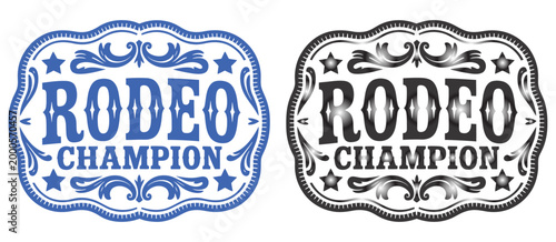 ornate classic rodeo champion cowboy style buckle medal typographic tag emblem, label design, luxurious cowgirl bull rider gold silver medal emblem engraving vector design