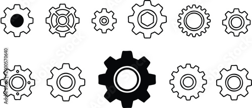 Gear icon set. Mechanism concept. Pinions collection. Cogwheels, signs. Clockwork. Transmission, engine symbol.