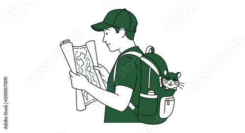 Man with backpack and pet hamster reading map