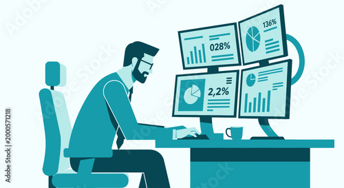 Professional man analyzing business data on multiple monitors