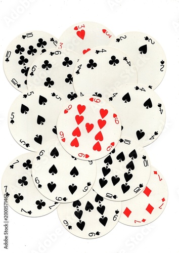 A montage of vintage round playing cards on a white background.