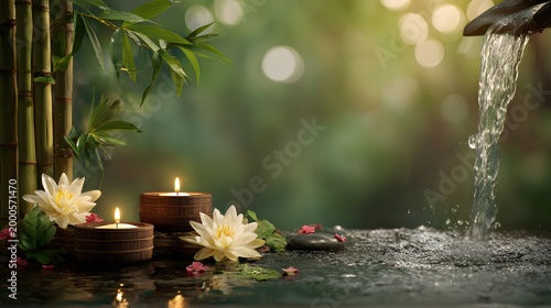 peaceful spa scene with bamboo and tea candles. Perfect for wellness, meditation, and relaxation concepts. Creates a calm, zen-like atmosphere for any brand.