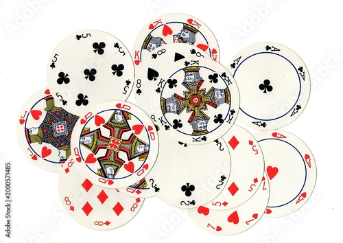 A montage of vintage round playing cards on a white background.