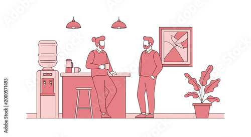 Two men talking in office breakroom with water cooler