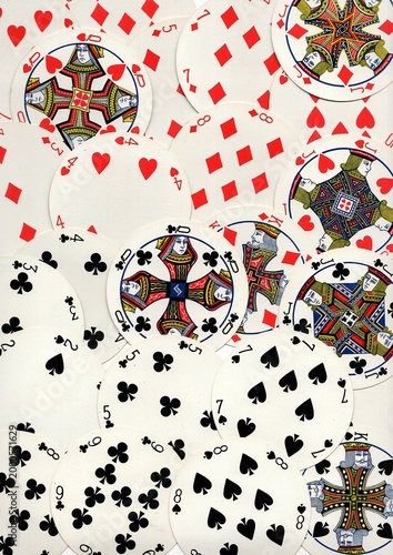 A montage of vintage round playing cards on a white background.