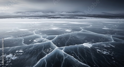 Cracked Frozen Ice Surface Landscape in Winter