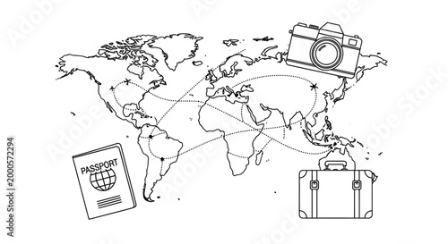 World map with passport, camera, and suitcase travel icons
