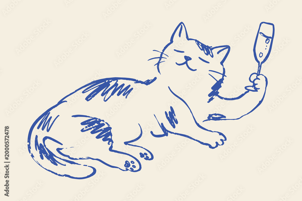 Obraz premium Cat with champagne glass naive sketch vector illustration