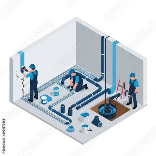 Plumbers Installing New Drainage System in Basement Construction.