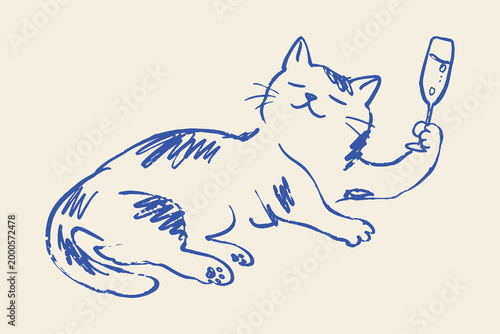 Cat with champagne glass naive sketch vector illustration