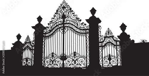 Ornate iron gate, wrought iron fence, decorative metal gate, black and white vector