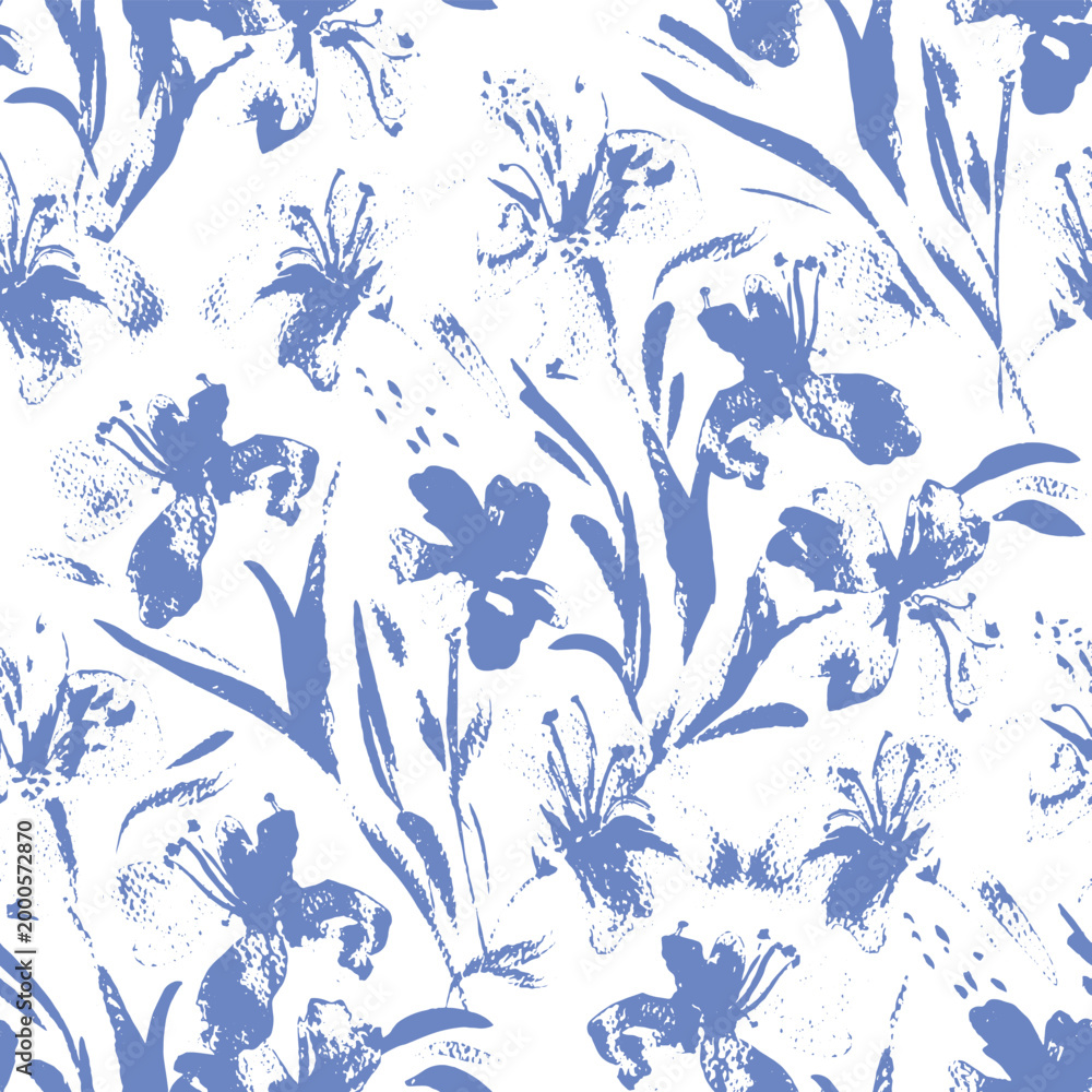 Fototapeta premium Painted Blue Flowers, Decorative seamless pattern. Repeating background. Tileable wallpaper print.