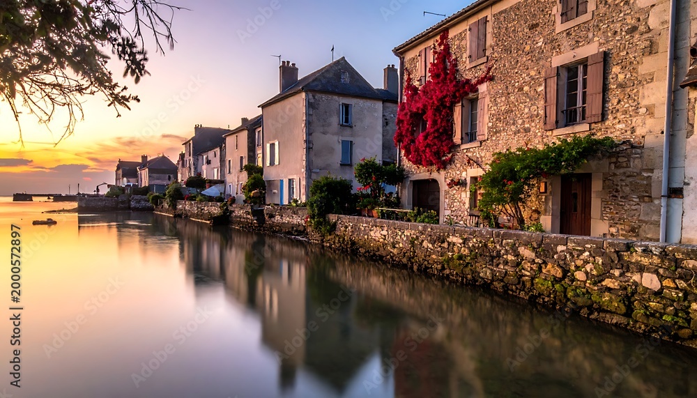 Fototapeta premium A serene waterfront village at sunset with stone buildings