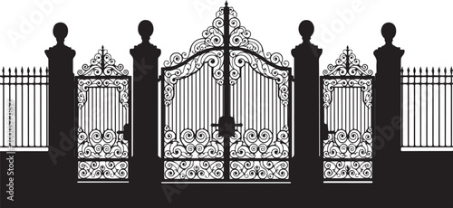 Ornate iron gate, wrought iron fence, black metal railing, decorative entrance, gate design
