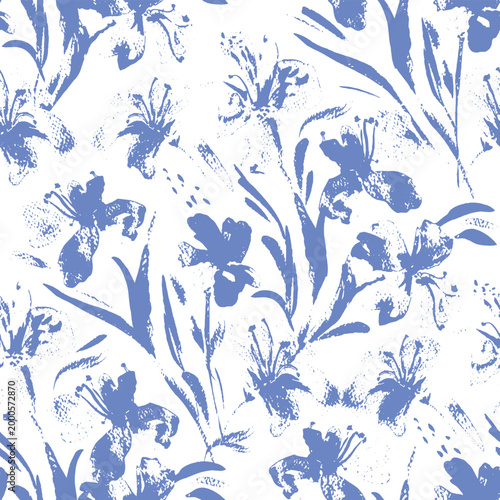Painted Blue Flowers, Decorative seamless pattern. Repeating background. Tileable wallpaper print.