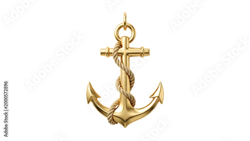 Golden anchor pendant with cross and rope isolated on transparent background