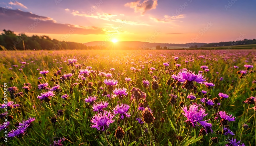 Naklejka premium A serene field of purple flowers during sunset