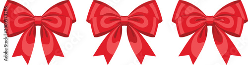 Three red ribbon bows with layered shading on white background gift present