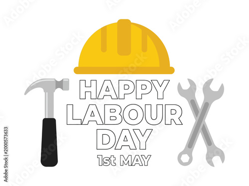 Happy labour day greeting with yellow construction hard hat hammer and crossed wrenches on white background for international workers day and may day celebration.