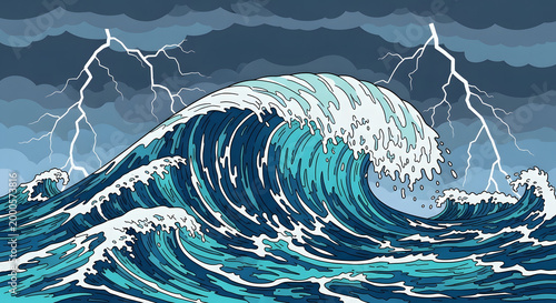 A colossal ocean wave surges with immense power under a dark, stormy sky, illuminated by vivid lightning bolts, depicting the dramatic energy and formidable force of a powerful tempest