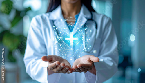 A doctor holding a floating AI graphic