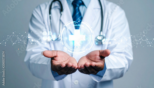 A doctor holding a floating AI graphic
