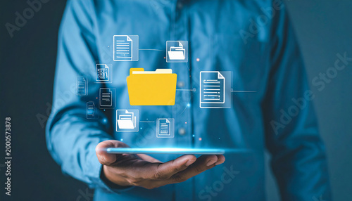 document automation concept with floating files and knowledge cards.