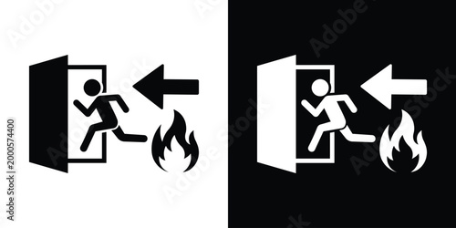 Emergency fire exit sign vector illustration. A person running away from flames toward an exit door. White and black versions. Ideal for safety signs, emergency protocols, and hazard warnings.