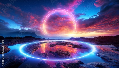 A Vibrant Cosmic Scene Featuring A Glowing Circle Amid Nebulous Clouds Reflecting On A Wet Rocky Ground The Atmosphere Is Filled With Bright Colors