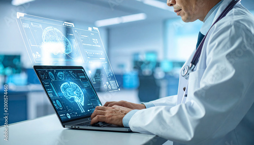 Medical doctor working laptop with Ai for diagnosis.