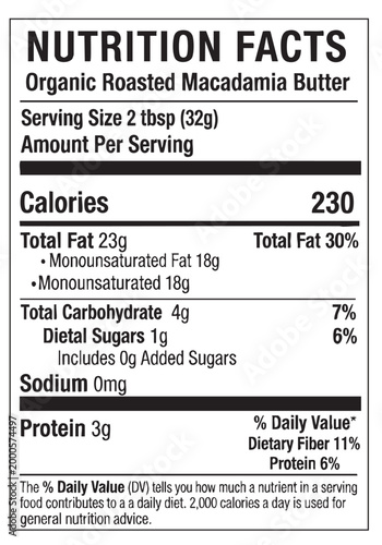 Organic macadamia butter nutrition facts label
