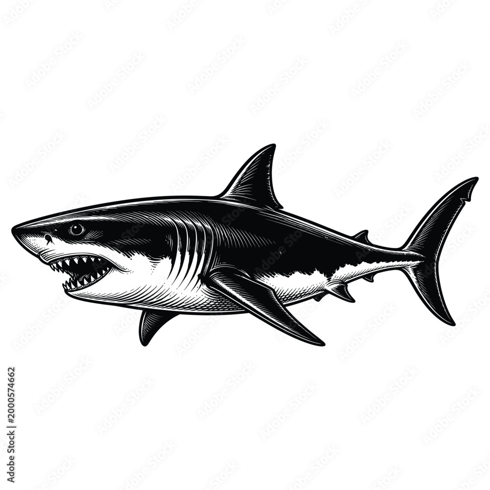 Fototapeta premium Great white shark engraving illustration