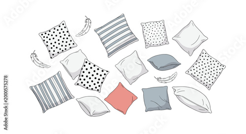 Assortment of decorative cushions and pillows in various colors and patterns like stripes and dots scattered with soft feathers.