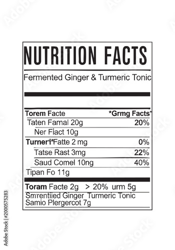 Nutritional information label for fermented ginger turmeric tonic. nutrition facts label vector easy editable template