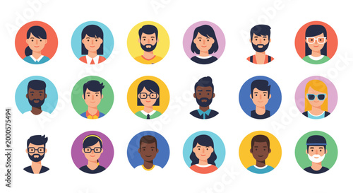 Set of eighteen diverse human avatar portraits in circular frames representing various ethnicities, hairstyles, and styles for user profiles.