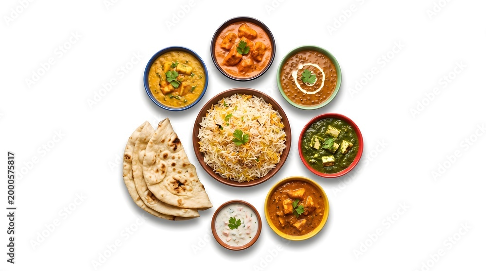 Obraz Top view of traditional Indian dishes with rice curry and naan bread