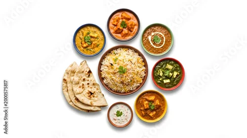 Fototapeta Top view of traditional Indian dishes with rice curry and naan bread