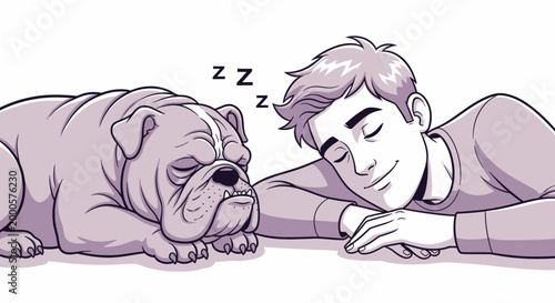 Man and bulldog peacefully sleeping side by side illustration