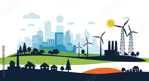 Eco friendly city landscape with green energy infrastructure including wind turbines and solar power over industrial skyline.