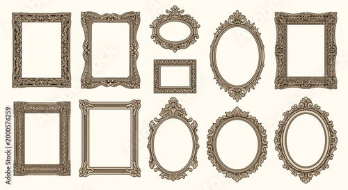 Detailed collection of vintage ornate picture frames in various shapes including rectangular and oval with classic antique patterns.