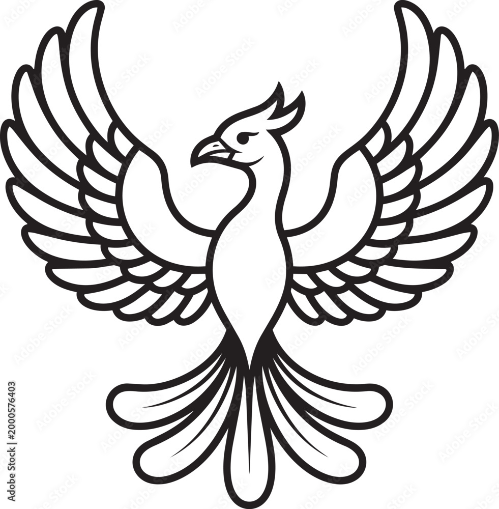 Fototapeta premium Phoenix illustration with spread wings and tail feathers detailed vector art with clean lines with legendary