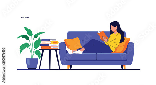 Woman relaxing on a blue sofa while reading a favorite book in a peaceful living room environment with green plant.