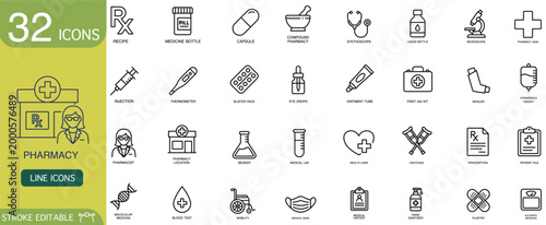 Pharmacy medical icon line healthcare medicine prescription clinic editable stroke set with hospital and laboratory symbol, bottle, capsule, syringe, stethoscope, first aid kit