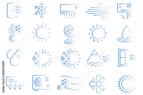 Air conditioning icon set. Contain icons related to cooling, heating, air ionization, and more. editable stroke. Vector illustration