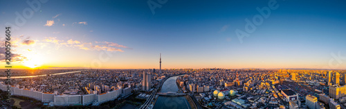 Quadro su tela Aerial panorama view by drone of Tokyo Cityscape with Tokyo Sky Tree visible in Tokyo city, Japan on sunrise